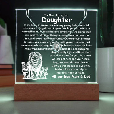 Daughter From Mom & Dad (or just Mom or Dad) Keepsake LED Lighted Acrylic Plaque And Love Knot Necklace