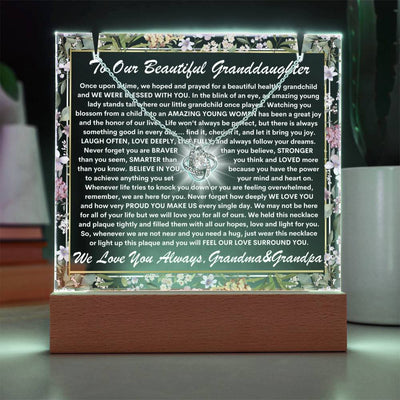 Granddaughter From Grandma & Grandpa (or just Grandma or Grandpa) Keepsake LED Lighted Acrylic Plaque & Love Knot Necklace