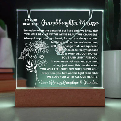 Granddaughter Keepsake LED Lighted Acrylic Birth Flower Plaque & Love Knot Necklace