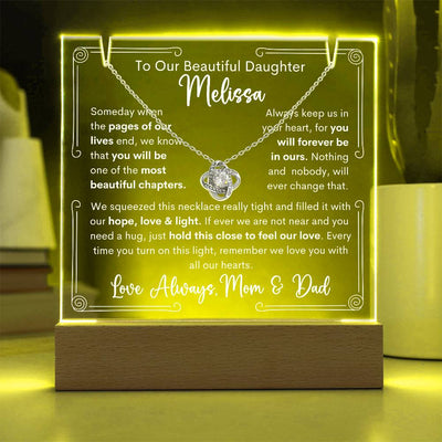 To Daughter From Mom & Dad or Mom or Dad Keepsake Lighted Acrylic Plaque With Love Knot Pendant Necklace