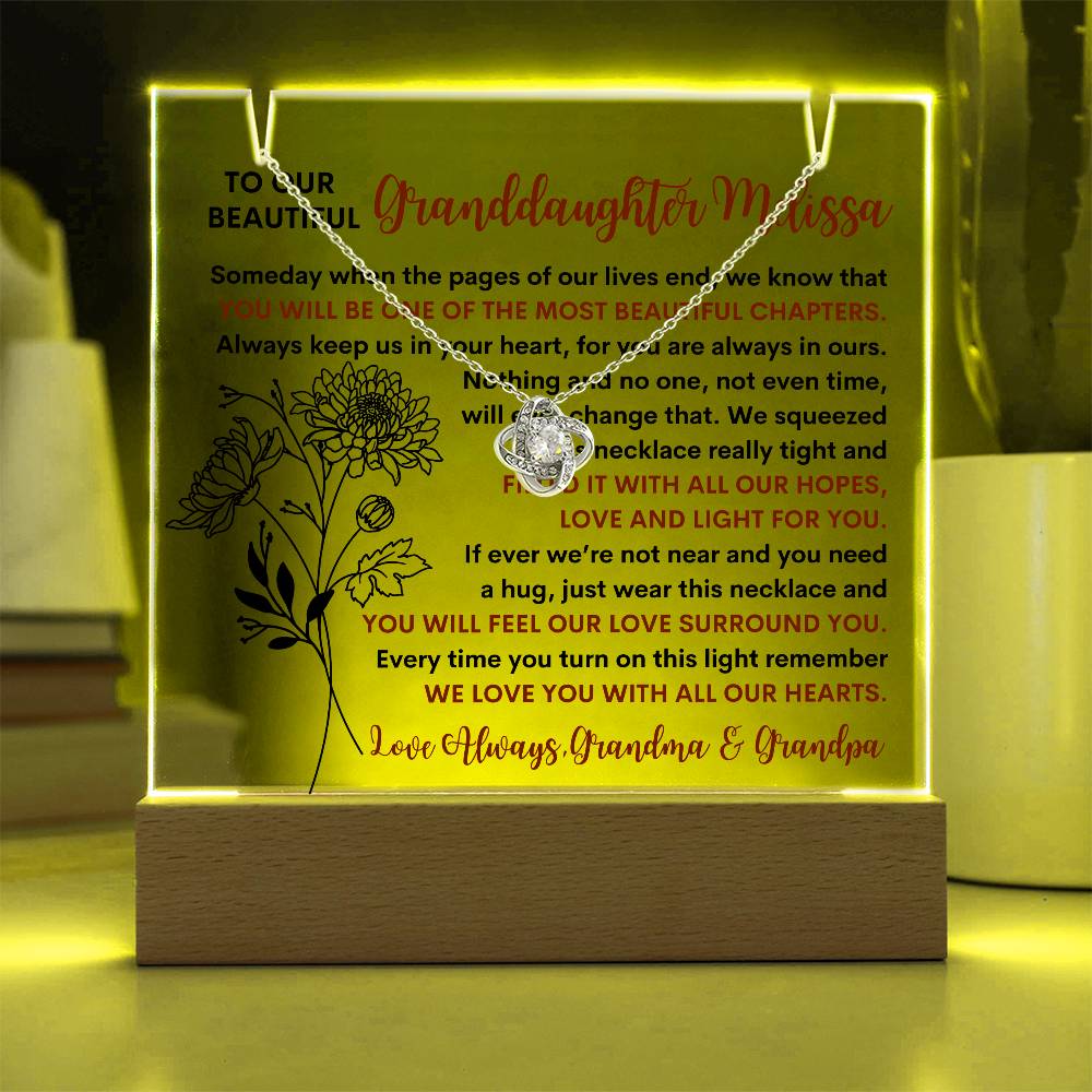 Granddaughter Birth Flower Keepsake LED Lighted Acrylic Plaque & Love Knot Necklace