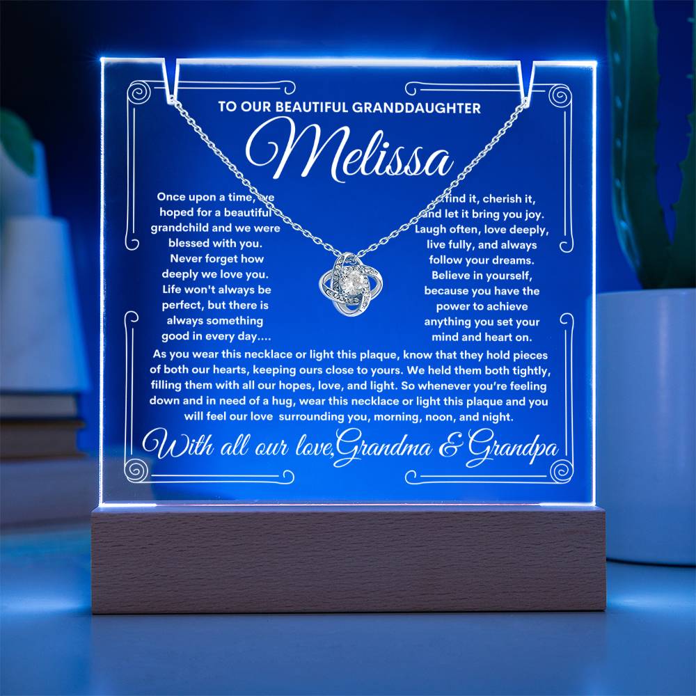 To Granddaughter From Grandma & Grandpa (or just Grandma or Grandpa) LED Lighted Keepsake Acrylic Plaque & Love Knot Necklace