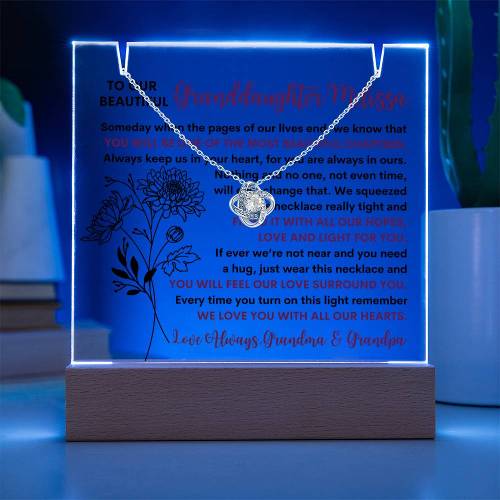 Granddaughter Birth Flower Keepsake LED Lighted Acrylic Plaque & Love Knot Necklace