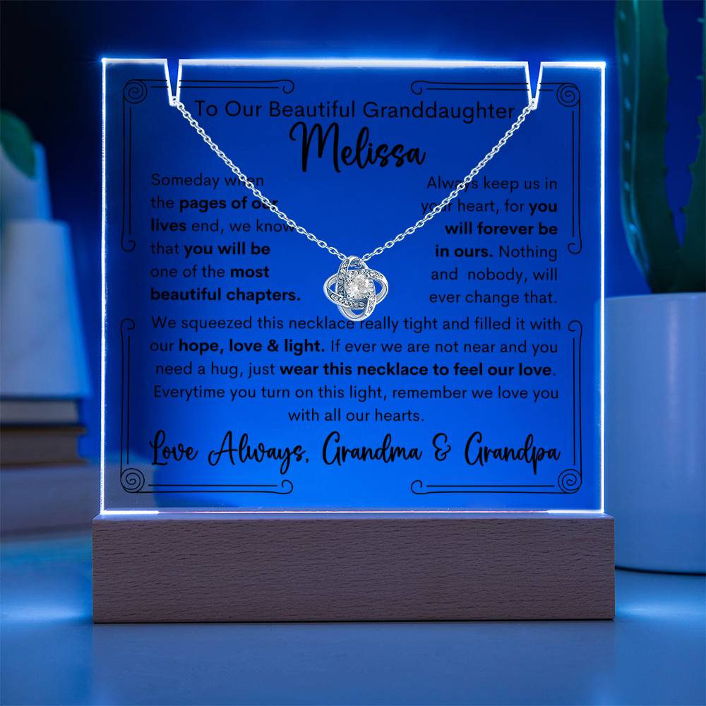 To Granddaughter From Grandma & Grandpa or Grandma or Grandpa Keepsake Lighted Acrylic Plaque With Love Knot Necklace