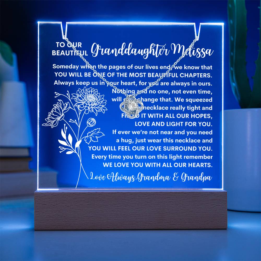 Granddaughter Keepsake LED Lighted Acrylic Birth Flower Plaque & Love Knot Necklace