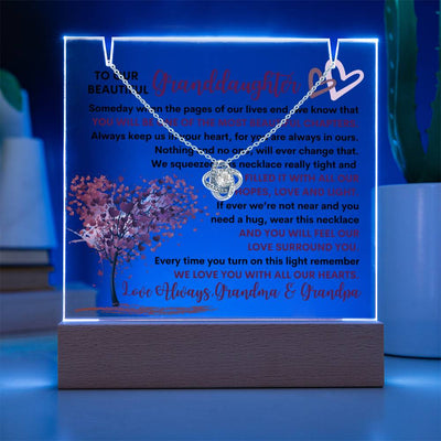 Granddaughter From Grandma & Grandpa (or just Grandma or Grandpa) Keepsake LED Lighted Acrylic Plaque And Love Knot Necklace