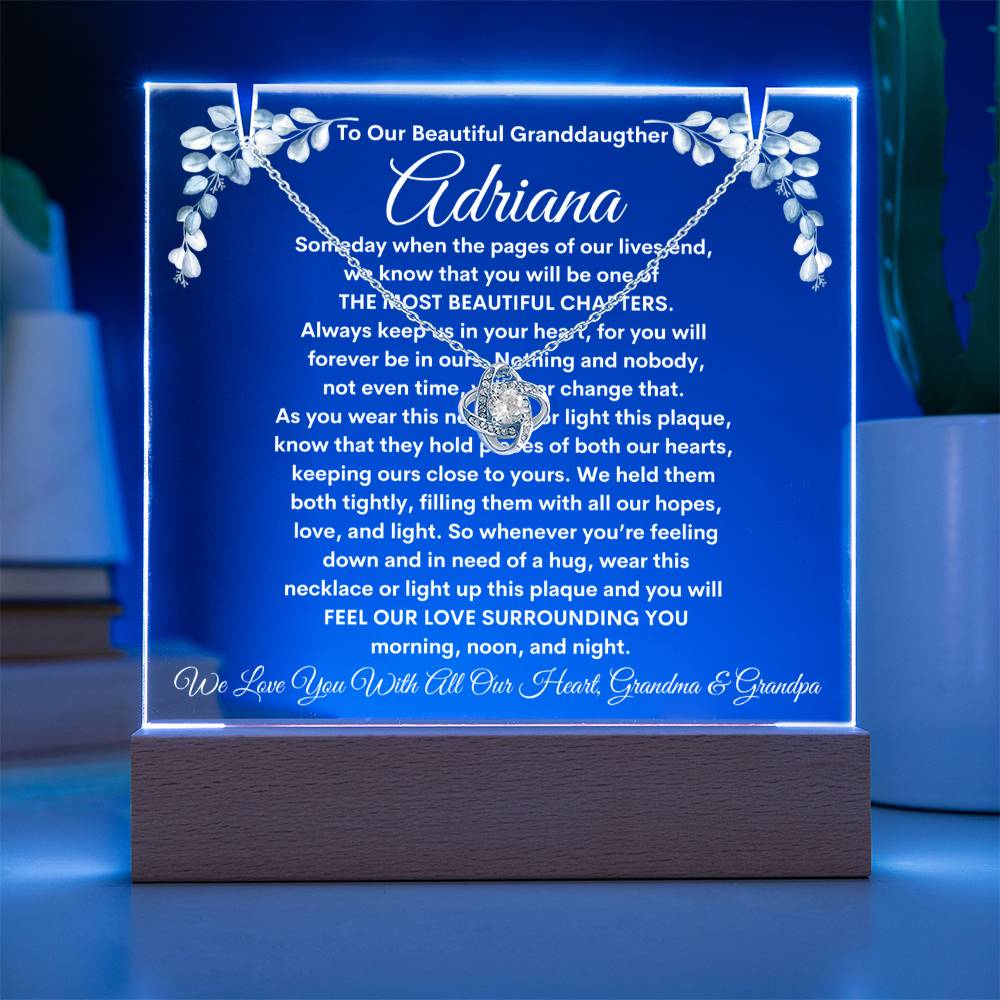 Granddaughter From Grandma & Grandpa (or just Grandma or Grandpa) Keepsake LED Lighted Acrylic Plaque And Love Knot Necklace