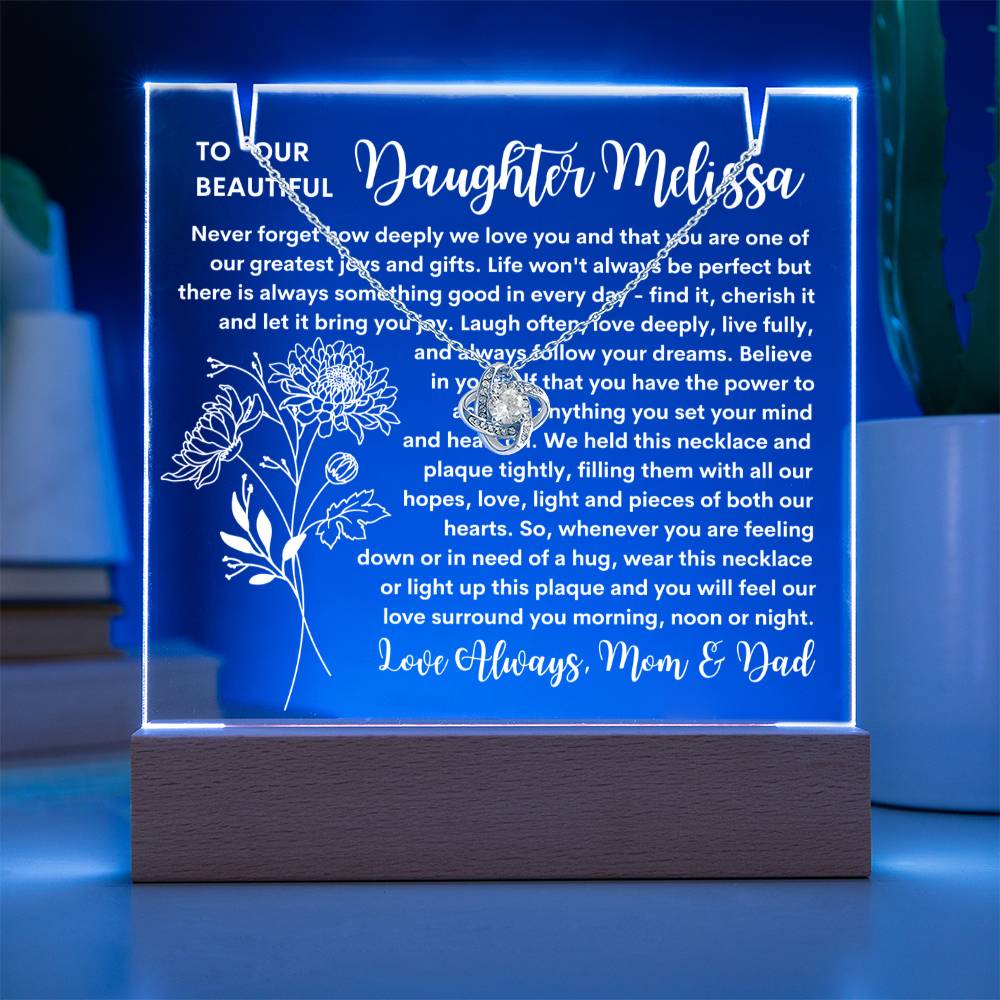 Daughter Keepsake LED Lighted Acrylic Birth Flower Plaque & Love Knot Necklace