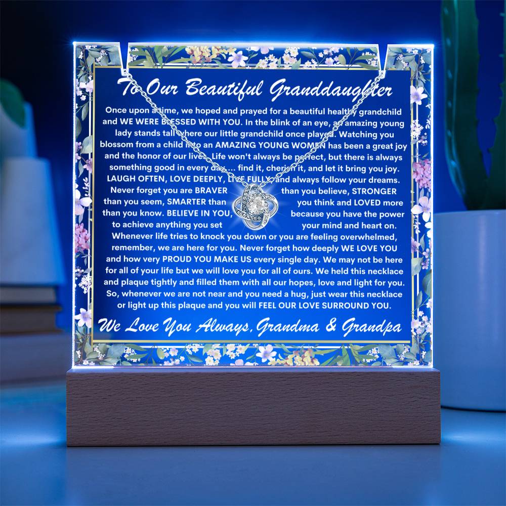 Granddaughter From Grandma & Grandpa (or just Grandma or Grandpa) Keepsake LED Lighted Acrylic Plaque & Love Knot Necklace