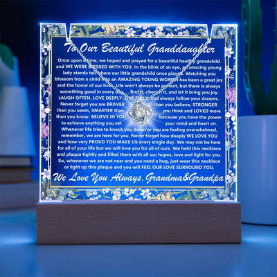 Granddaughter From Grandma & Grandpa (or just Grandma or Grandpa) Keepsake LED Lighted Acrylic Plaque & Love Knot Necklace