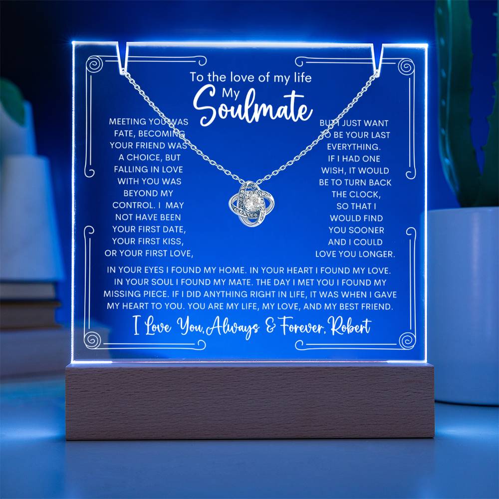 Personalized Soulmate Keepsake Bundle Lighted Acrylic Plaque With Love Knot Pendant Necklace