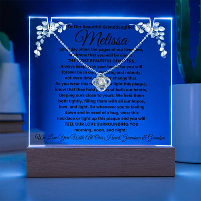 To Granddaughter From Grandma & Grandpa (or just Grandma or Grandpa) LED Lighted Keepsake Acrylic Plaque & Love Knot Necklace