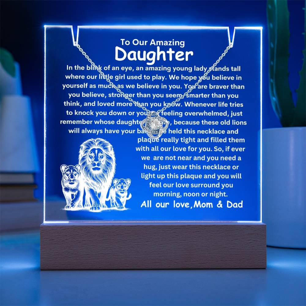 Daughter From Mom & Dad (or just Mom or Dad) Keepsake LED Lighted Acrylic Plaque And Love Knot Necklace