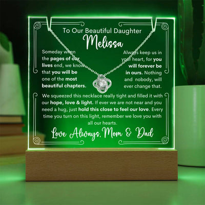 To Daughter From Mom & Dad or Mom or Dad Keepsake Lighted Acrylic Plaque With Love Knot Pendant Necklace