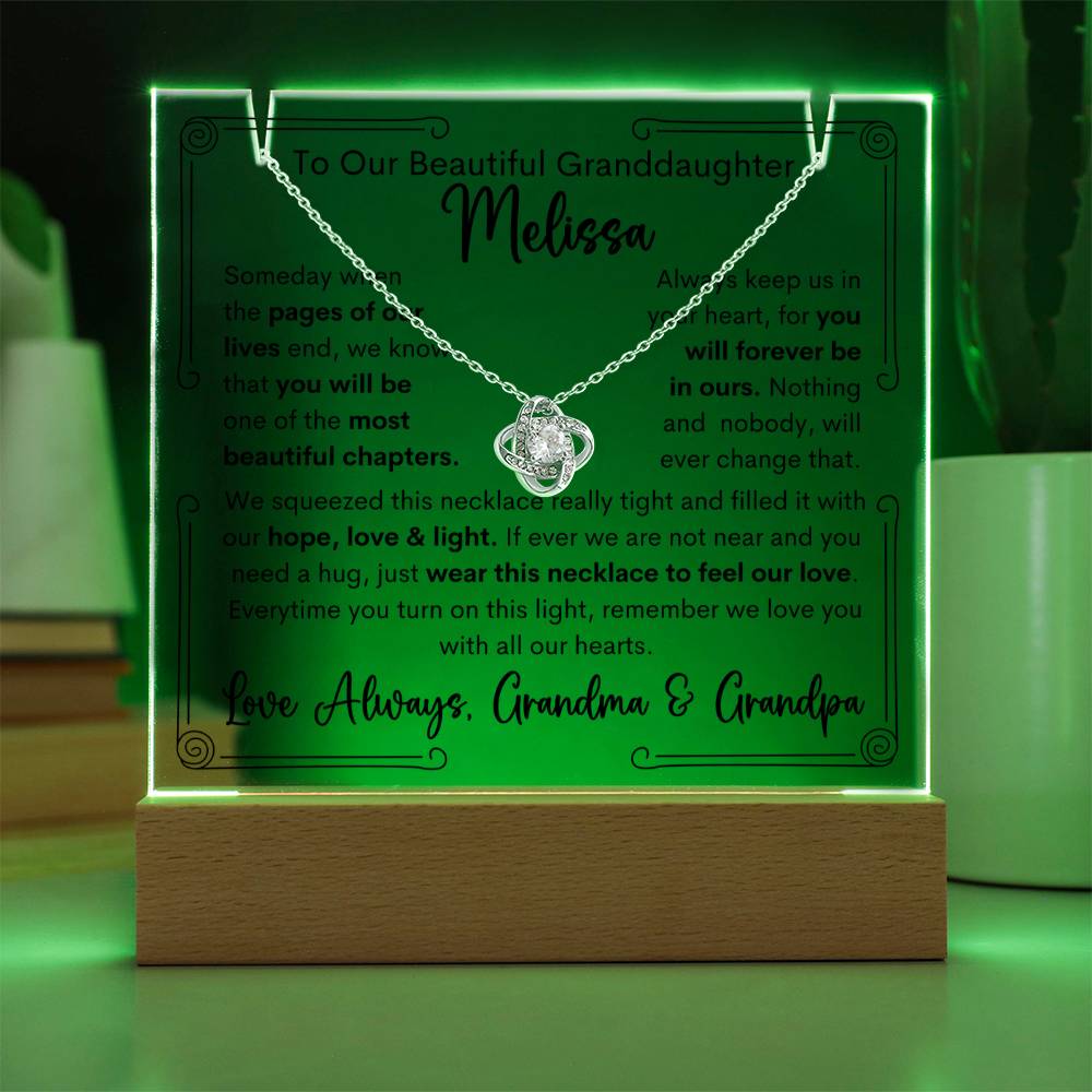 To Granddaughter From Grandma & Grandpa or Grandma or Grandpa Keepsake Lighted Acrylic Plaque With Love Knot Necklace