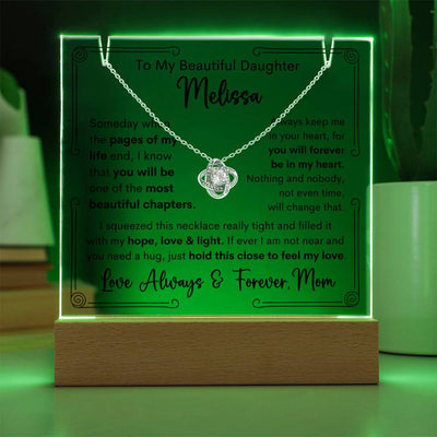 Personalized To Daughter From Mom or Dad or Both Keepsake Bundle Acrylic Plaque & Love Knot Pendant Necklace