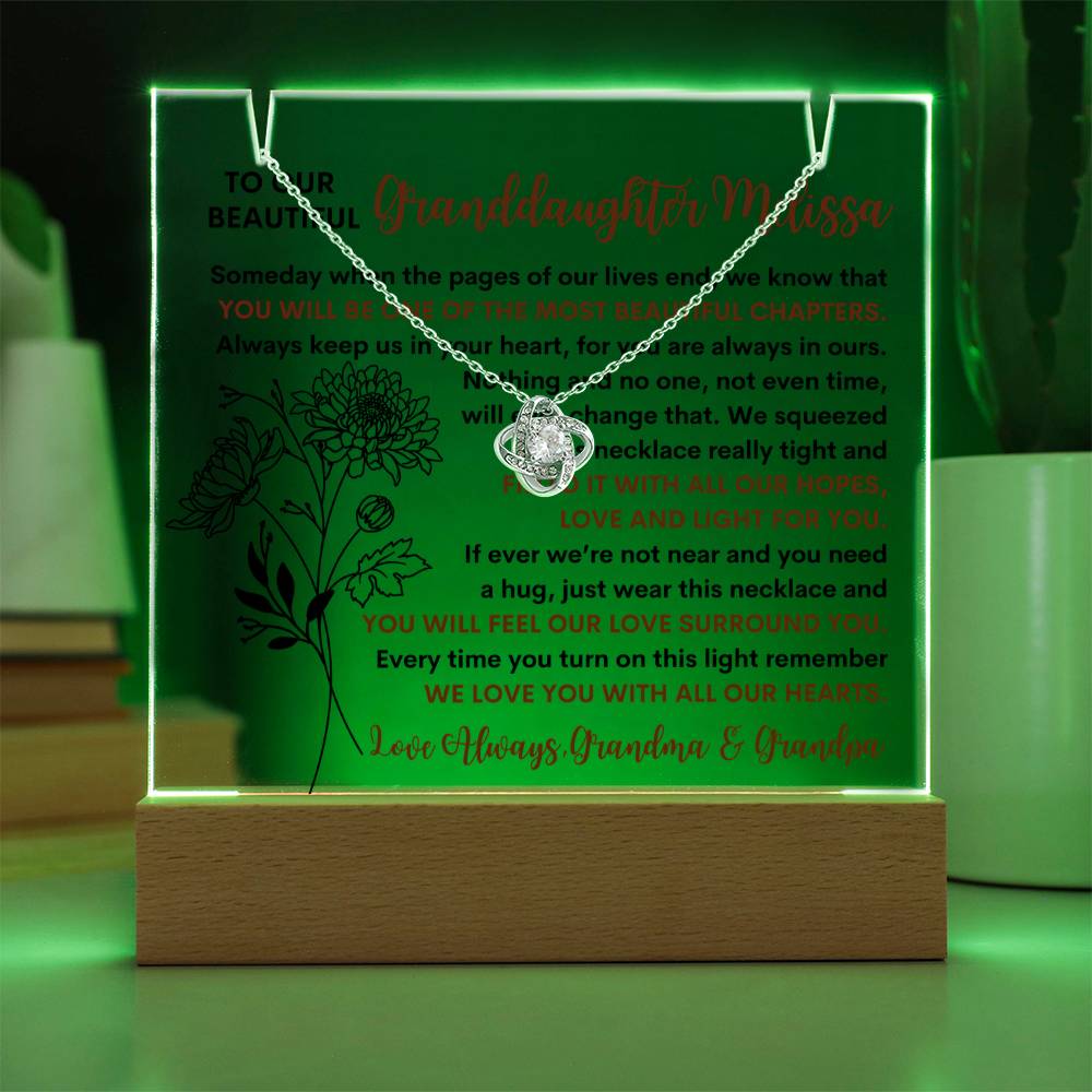 Granddaughter Birth Flower Keepsake LED Lighted Acrylic Plaque & Love Knot Necklace