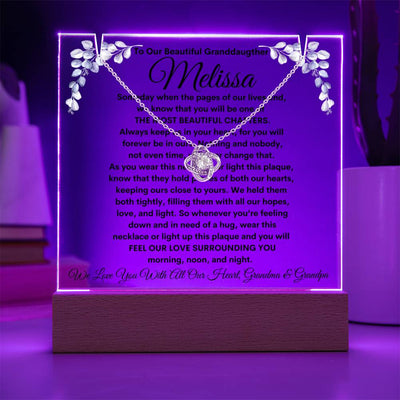 To Granddaughter From Grandma & Grandpa (or just Grandma or Grandpa) LED Lighted Keepsake Acrylic Plaque & Love Knot Necklace