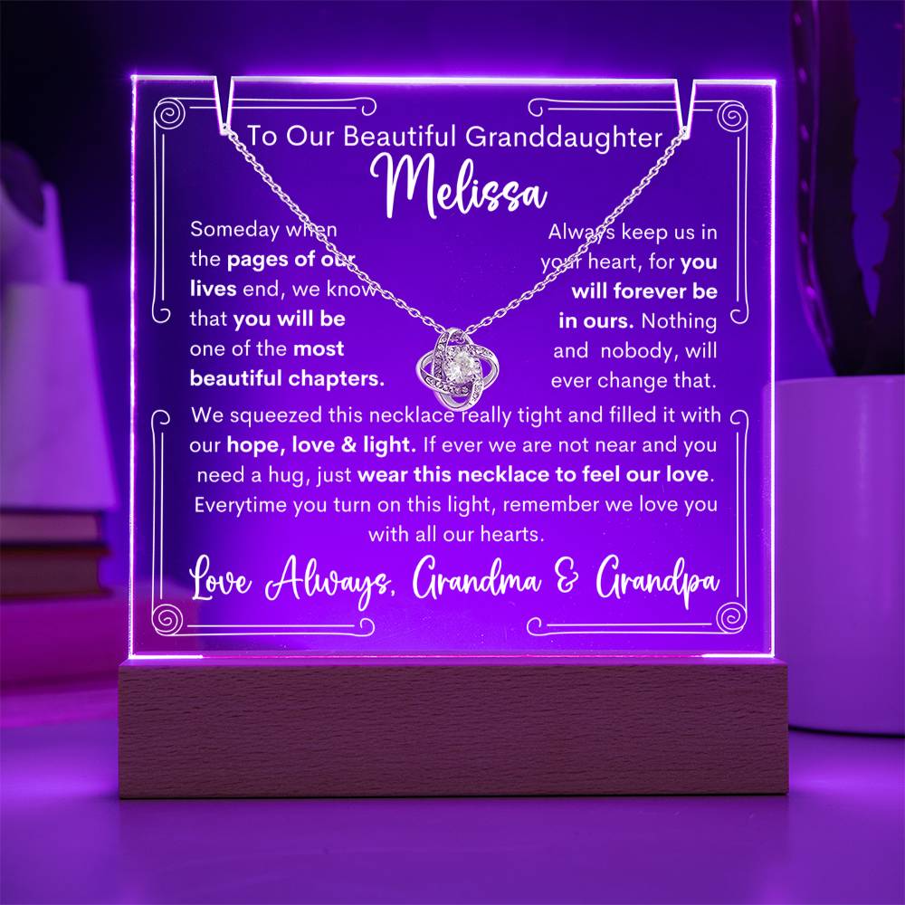 To Granddaughter From Grandma & Grandpa or Grandma or Grandpa Keepsake Lighted Acrylic Plaque With Love Knot Necklace