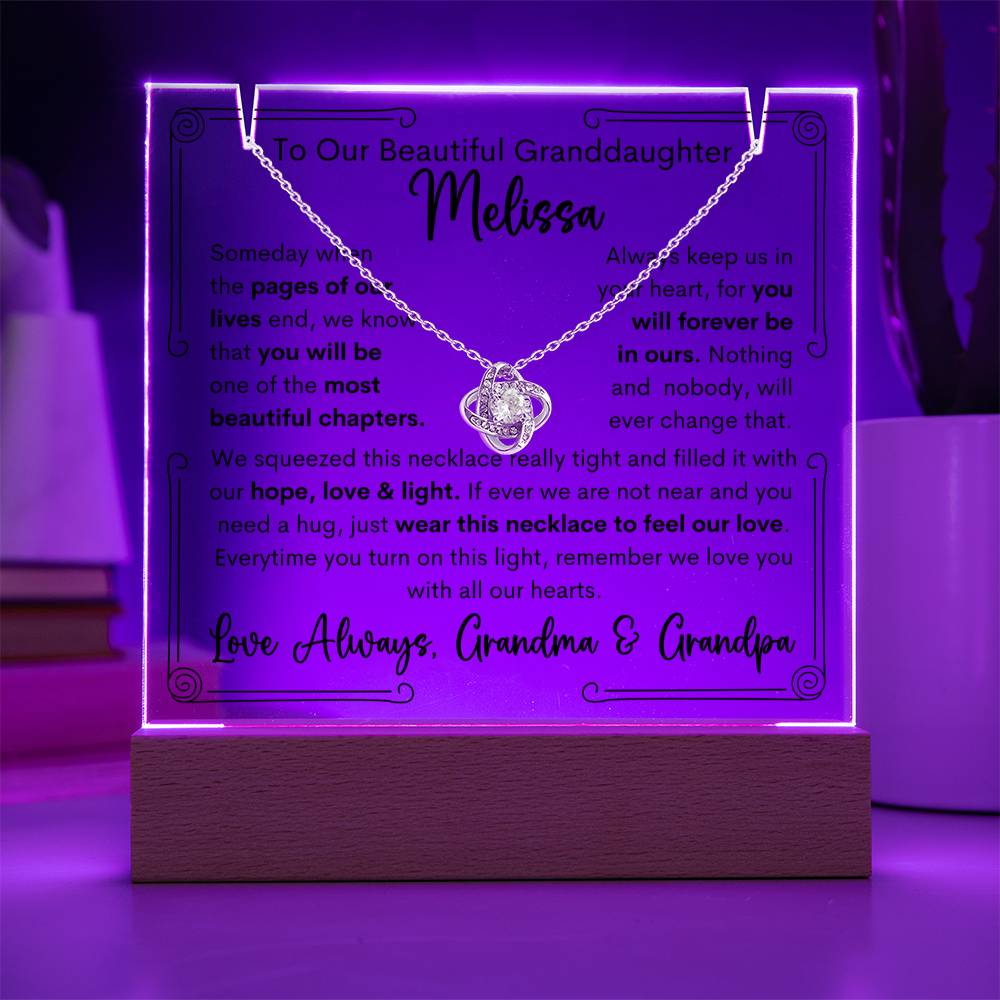 To Granddaughter From Grandma & Grandpa or Grandma or Grandpa Keepsake Lighted Acrylic Plaque With Love Knot Necklace