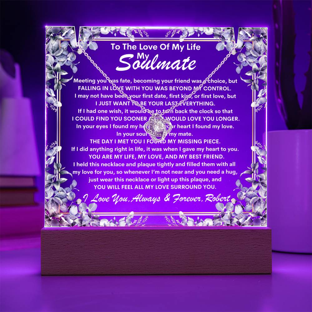 Soulmate Keepsake LED Lighted Acrylic Plaque With Love Knot Pendant Necklace