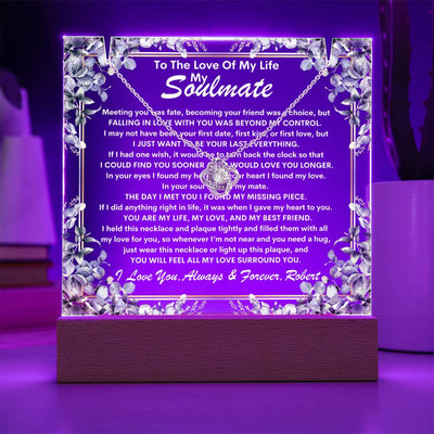 Soulmate Keepsake LED Lighted Acrylic Plaque With Love Knot Pendant Necklace