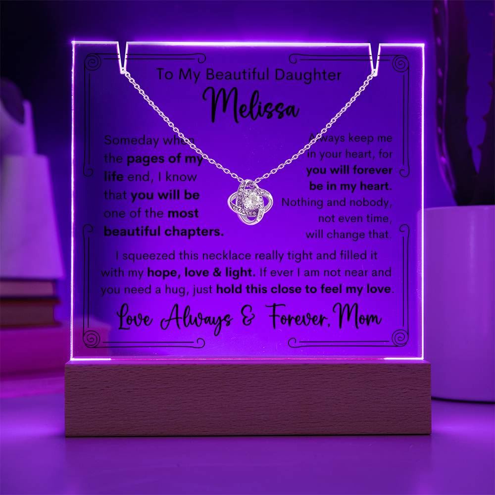 Personalized To Daughter From Mom or Dad or Both Keepsake Bundle Acrylic Plaque & Love Knot Pendant Necklace