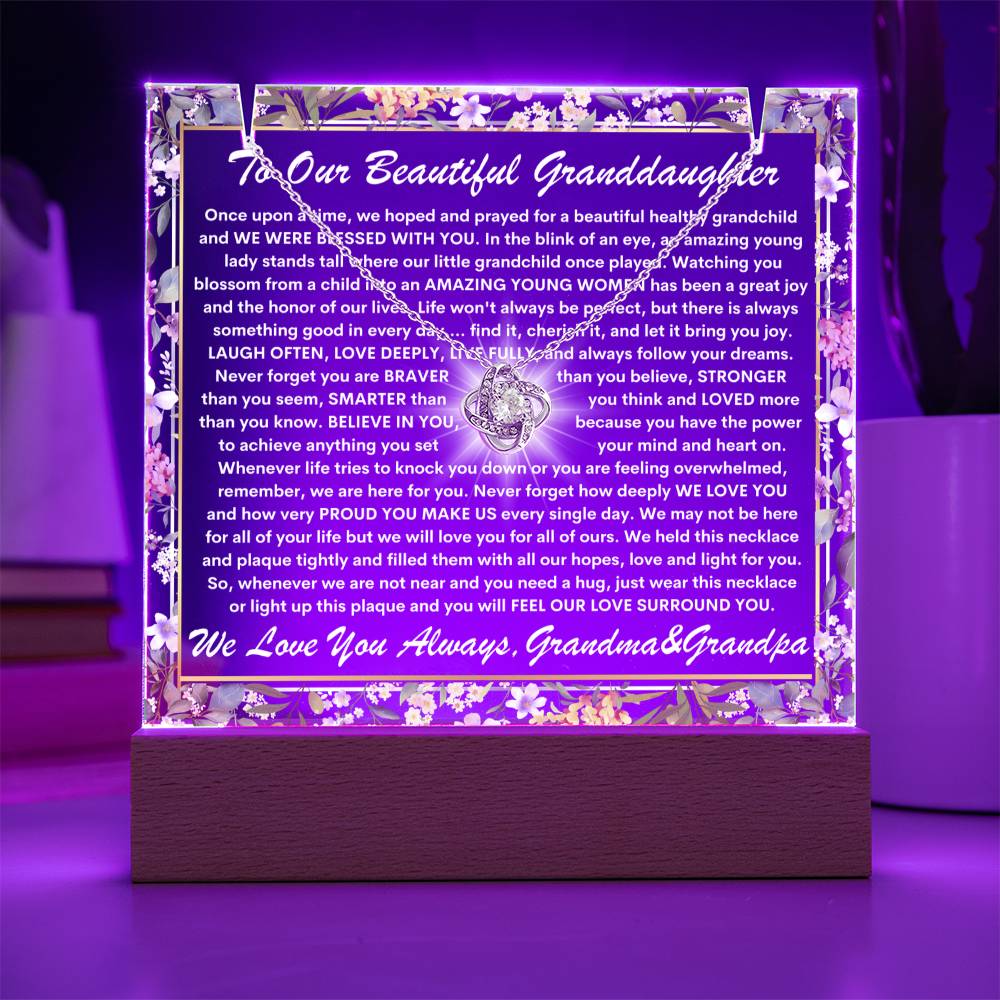 Granddaughter From Grandma & Grandpa (or just Grandma or Grandpa) Keepsake LED Lighted Acrylic Plaque & Love Knot Necklace