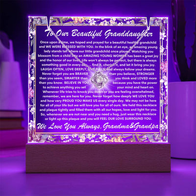 Granddaughter From Grandma & Grandpa (or just Grandma or Grandpa) Keepsake LED Lighted Acrylic Plaque & Love Knot Necklace