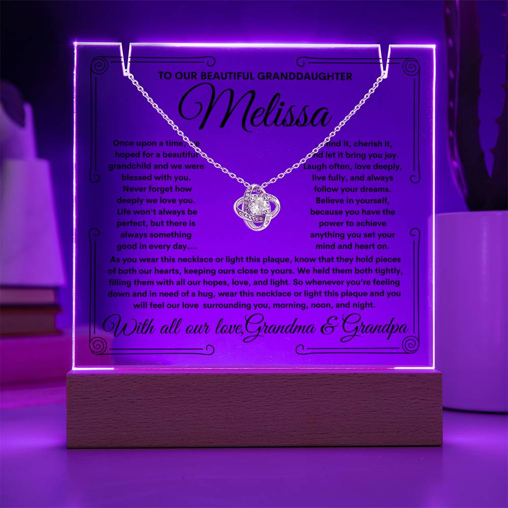 To Granddaughter From Grandma & Grandpa (or just Grandma or Grandpa) LED Lighted Keepsake Acrylic Plaque & Love Knot Necklace