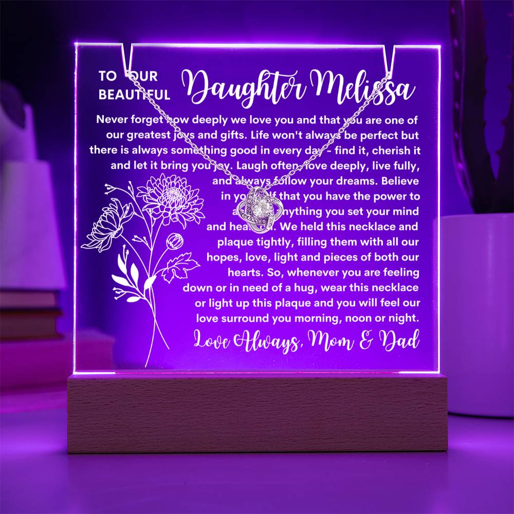 Daughter Keepsake LED Lighted Acrylic Birth Flower Plaque & Love Knot Necklace