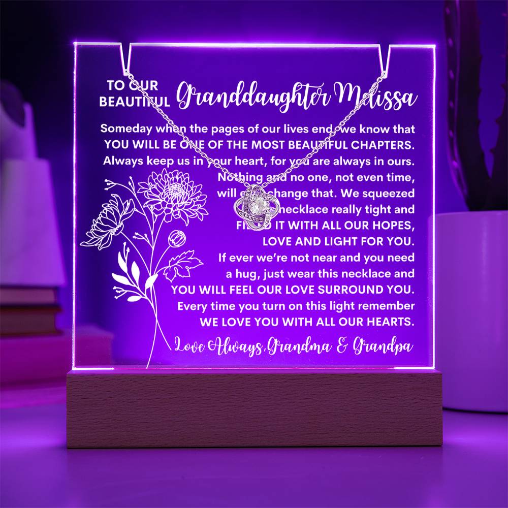 Granddaughter Keepsake LED Lighted Acrylic Birth Flower Plaque & Love Knot Necklace