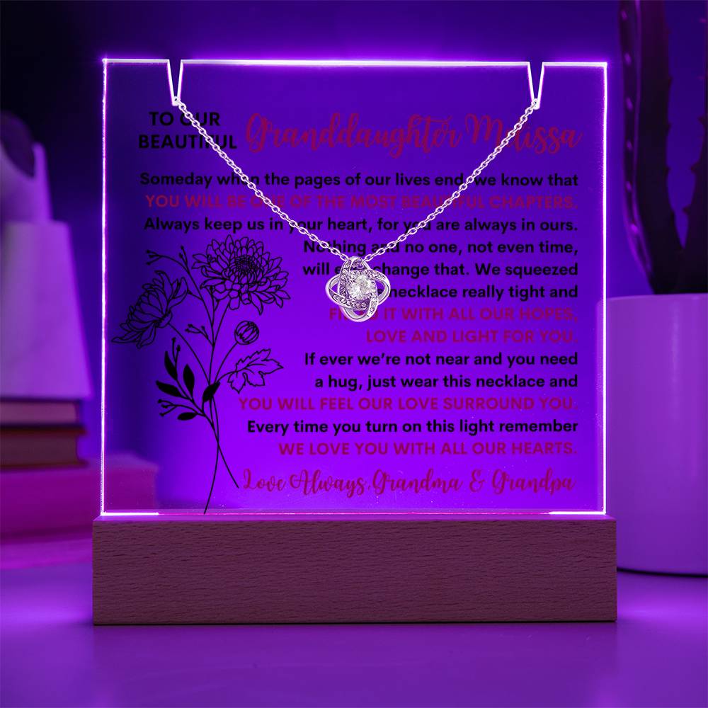 Granddaughter Birth Flower Keepsake LED Lighted Acrylic Plaque & Love Knot Necklace