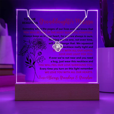 Granddaughter Birth Flower Keepsake LED Lighted Acrylic Plaque & Love Knot Necklace