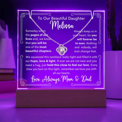 To Daughter From Mom & Dad or Mom or Dad Keepsake Lighted Acrylic Plaque With Love Knot Pendant Necklace