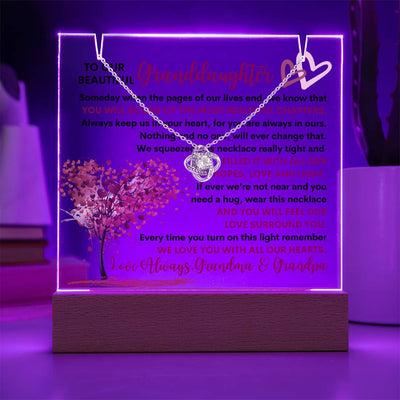 Granddaughter From Grandma & Grandpa (or just Grandma or Grandpa) Keepsake LED Lighted Acrylic Plaque And Love Knot Necklace