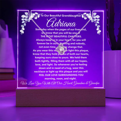 Granddaughter From Grandma & Grandpa (or just Grandma or Grandpa) Keepsake LED Lighted Acrylic Plaque And Love Knot Necklace