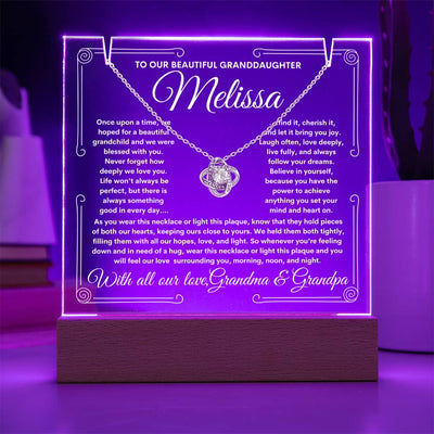 To Granddaughter From Grandma & Grandpa (or just Grandma or Grandpa) LED Lighted Keepsake Acrylic Plaque & Love Knot Necklace