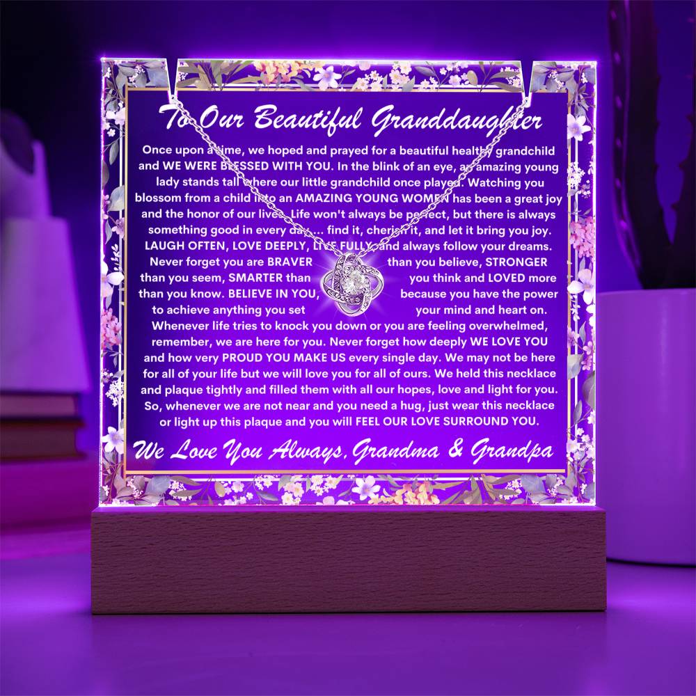 Granddaughter From Grandma & Grandpa (or just Grandma or Grandpa) Keepsake LED Lighted Acrylic Plaque & Love Knot Necklace