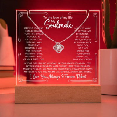 Personalized Soulmate Keepsake Bundle Lighted Acrylic Plaque With Love Knot Pendant Necklace