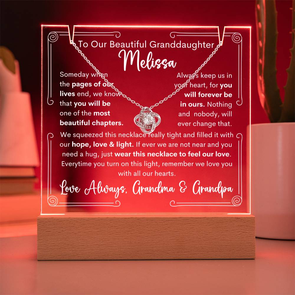 To Granddaughter From Grandma & Grandpa or Grandma or Grandpa Keepsake Lighted Acrylic Plaque With Love Knot Necklace