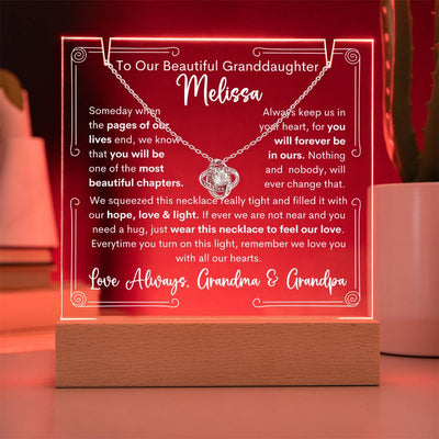 To Granddaughter From Grandma & Grandpa or Grandma or Grandpa Keepsake Lighted Acrylic Plaque With Love Knot Necklace