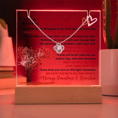 Granddaughter From Grandma & Grandpa (or just Grandma or Grandpa) Keepsake LED Lighted Acrylic Plaque And Love Knot Necklace