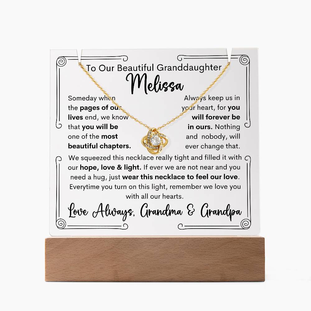 To Granddaughter From Grandma & Grandpa or Grandma or Grandpa Keepsake Lighted Acrylic Plaque With Love Knot Necklace