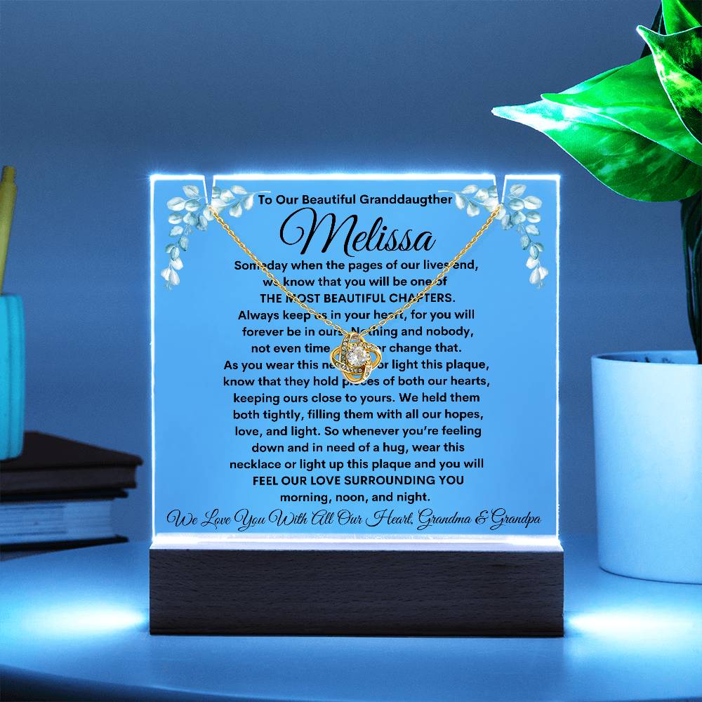 To Granddaughter From Grandma & Grandpa (or just Grandma or Grandpa) LED Lighted Keepsake Acrylic Plaque & Love Knot Necklace