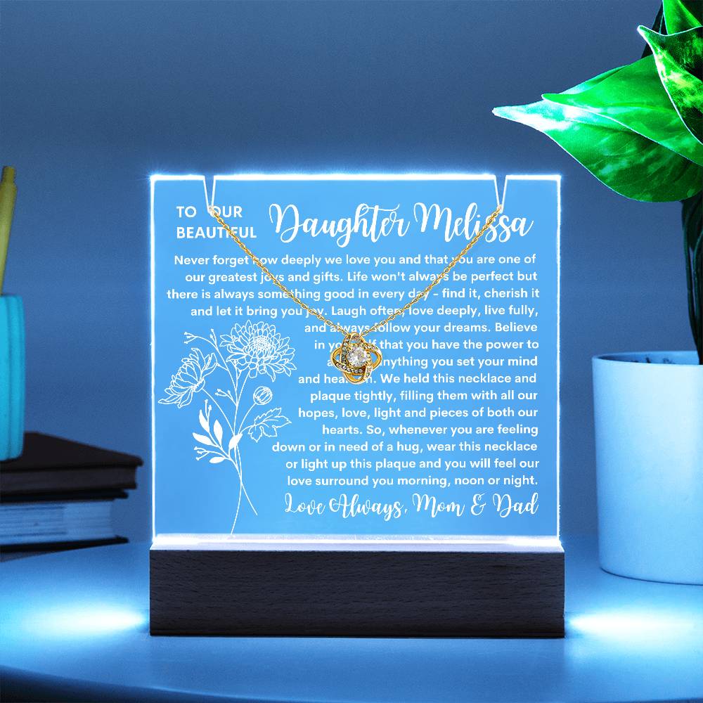 Daughter Keepsake LED Lighted Acrylic Birth Flower Plaque & Love Knot Necklace