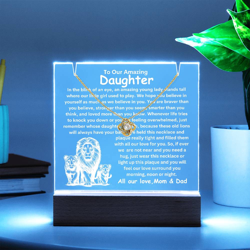 Daughter From Mom & Dad (or just Mom or Dad) Keepsake LED Lighted Acrylic Plaque And Love Knot Necklace