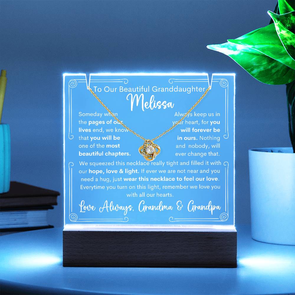 To Granddaughter From Grandma & Grandpa or Grandma or Grandpa Keepsake Lighted Acrylic Plaque With Love Knot Necklace