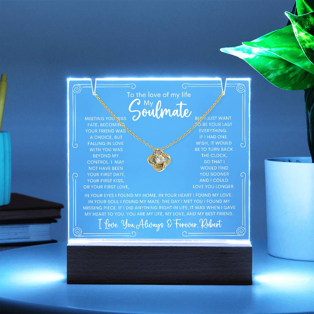 Personalized Soulmate Keepsake Bundle Lighted Acrylic Plaque With Love Knot Pendant Necklace