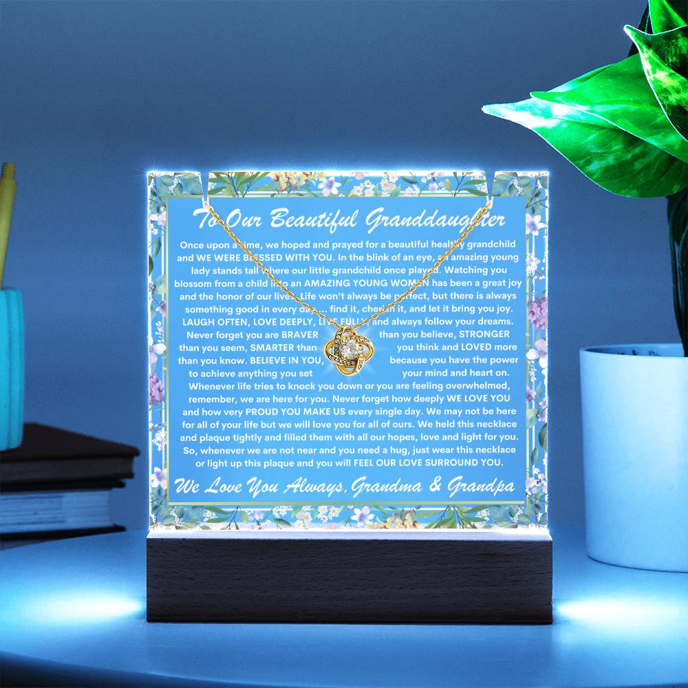 Granddaughter From Grandma & Grandpa (or just Grandma or Grandpa) Keepsake LED Lighted Acrylic Plaque & Love Knot Necklace